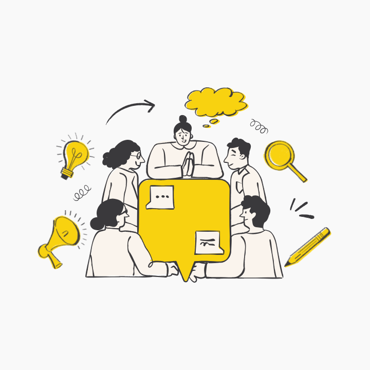 Ilustração de uma equipe de corretores em reunião de ideias